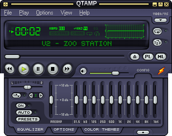 qtamp rendering the QTAMP-branded WinampModernPP skin with the EQ drawer open